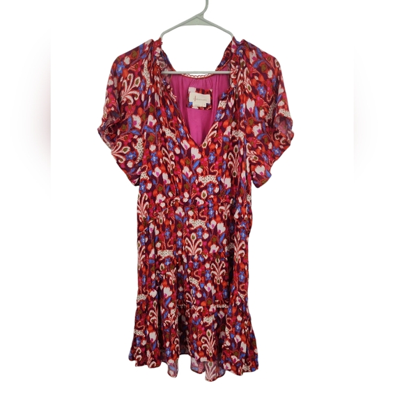 Anthropologie Robin Tiered Mini Dress Whimsical‎ Cat Ruffled Red Medium - Picture 2 of 7